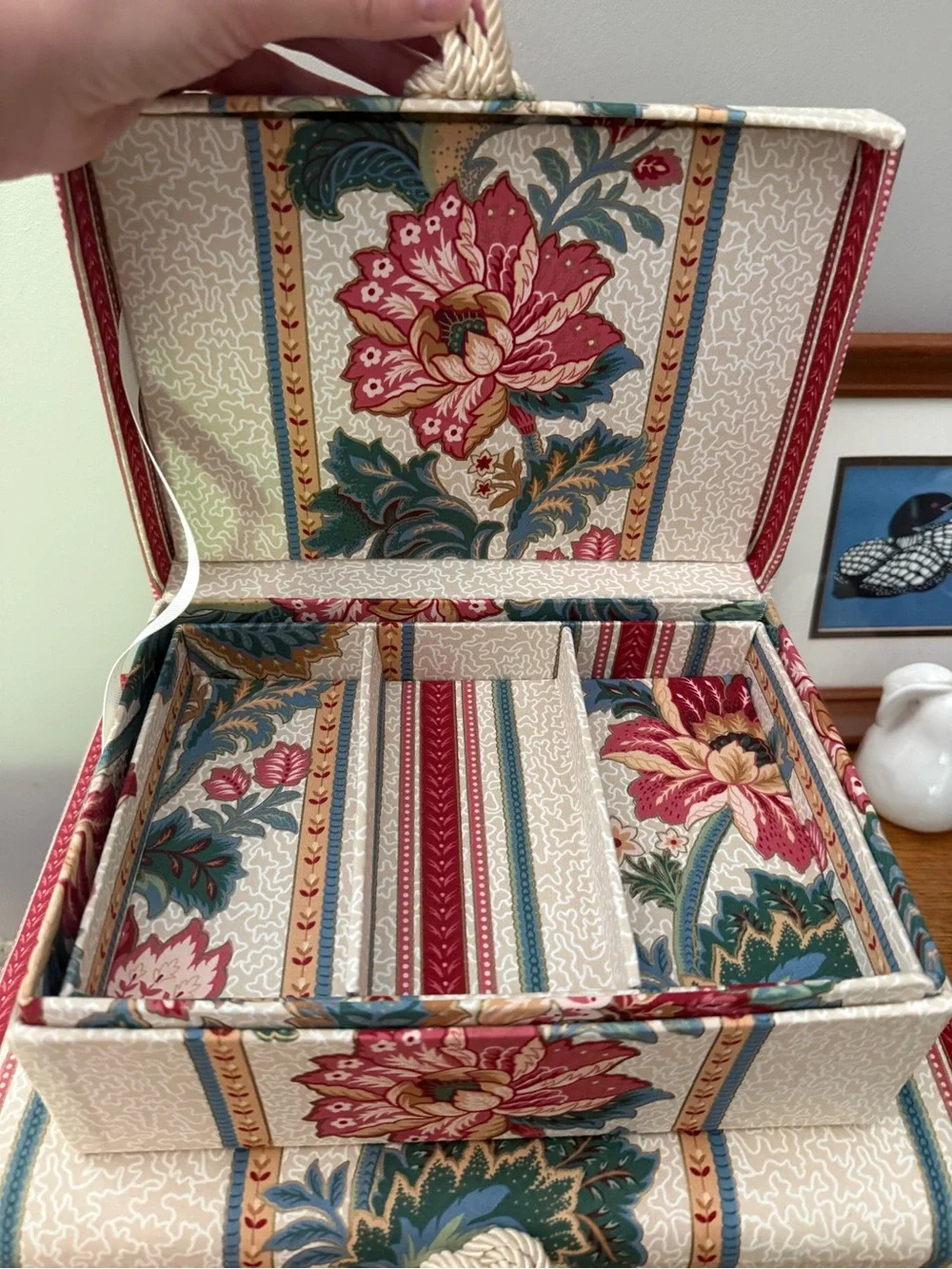 Vintage Rosenthal Fabric covered jewelry boxes photo storage rope detail floral